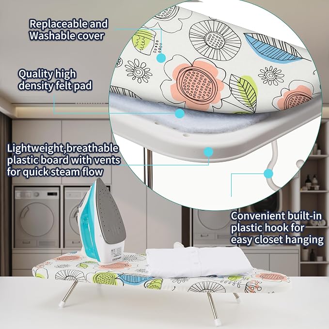 Tabletop Ironing Board 12"x29" – Portable Folding Ironing Board with Thick Felt Padding, Heat-Resistant Cover, Stainless Steel Legs, Compact & Space-Saving Design (Butterfly Garden)