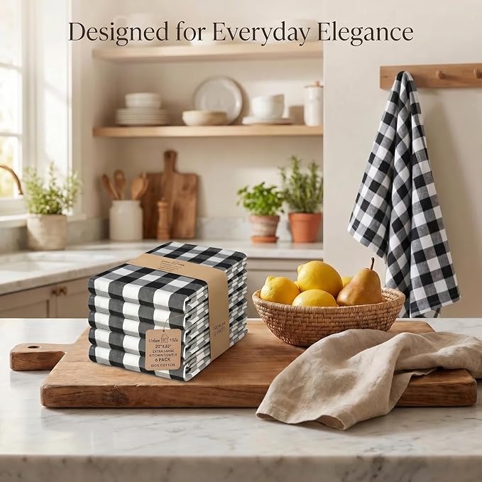 Urban Villa Kitchen Towels 100% Cotton Dish Towels for Kitchen (Set of 6) 20”x30” Dish Cloths Highly Absorbent Kitchen Linen Set with Hanging Loop Perfect for Drying Dishes Cleaning – Black White