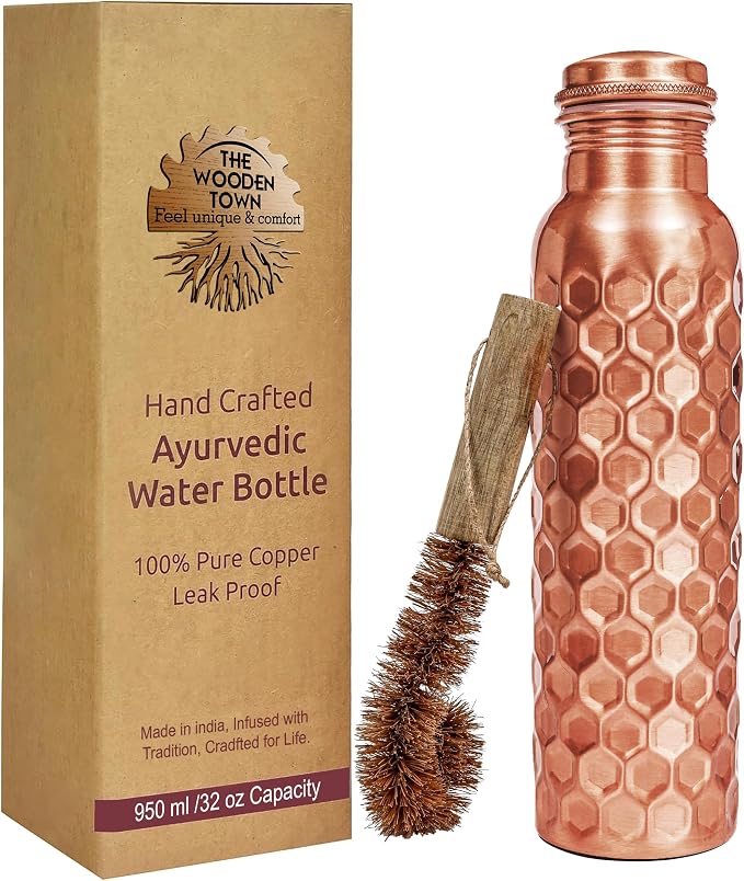 100% Pure Copper Water Bottle for Drinking, 32 Oz Large Diamond Ayurvedic Copper Bottle with Cleaning Brush, leak-proof water Vessel_Diamond
