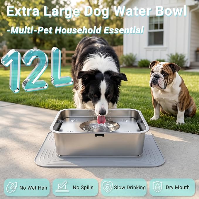 12L/3.17Gal No Spill Dog Water Bowl, Non-Slip Mat for Large Dogs | Spill Proof Water Bowl with 304 Stainless Steel Floating Disk, Slow Drinking Pet Bowl for Messy Drinkers, Indoor/Outdoor