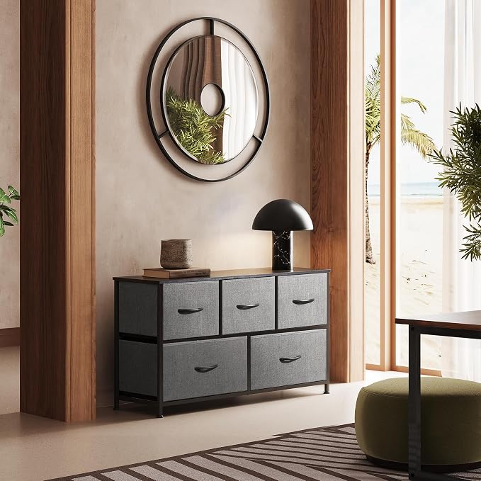 WLIVE Wide Dresser for Bedroom, 5 Drawer Chest of Drawers, Dark Grey | 5 roomy fabric drawers, Wide storage design, Bedroom or closet use, Sturdy steel frame, Smooth wood tabletop