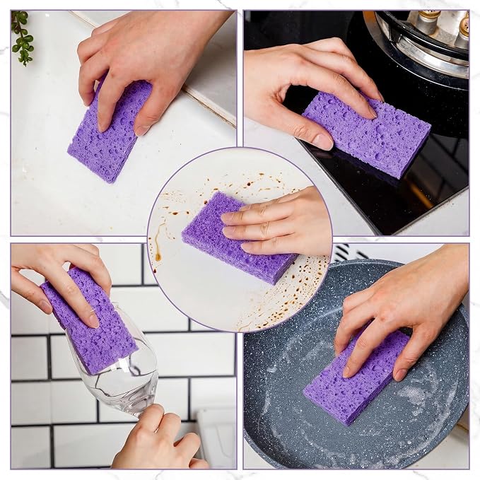 Zhengmy 100 Pieces Sponges Bulk Sponges Kitchen Compressed Sponge Natural Dish Sponge Compressed Wood Pulp Cleaning Without Scratching for Kitchen Bathroom, 3.9 x 2.4 x 0.12 Inch (Purple)