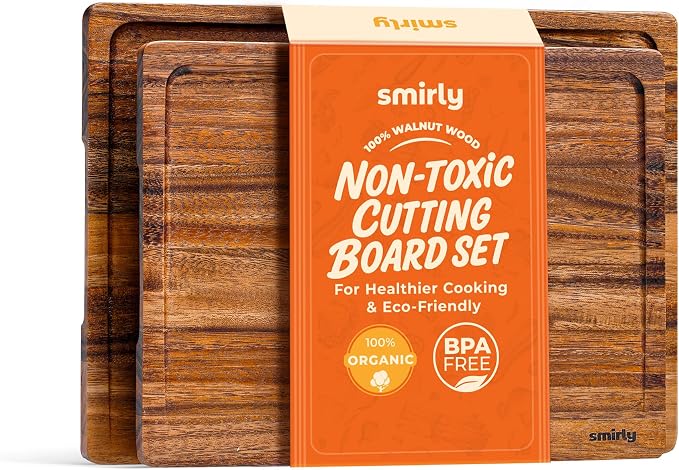 SMIRLY Walnut Wood Cutting Board - 2 Pack Cutting Boards for Kitchen | Non Toxic Walnut Cutting Board with Juice Grooves and Handles, Multiple Sizes Chopping Board for Meal Prep & Charcuterie