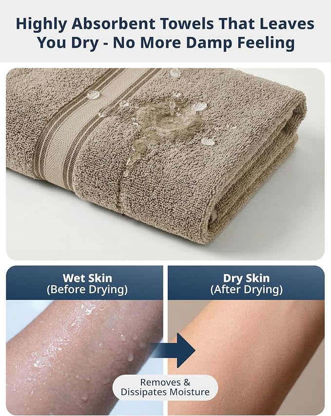 LANE LINEN Bathroom Towel Set 6 Piece Soft Absorbent Quick Dry - Taupe | Cotton Towel Set - Coordinated Colors, Dobby Border Accent, OEKO-TEX Certified, Zero-Twist Durability, Zero-Twist Cotton