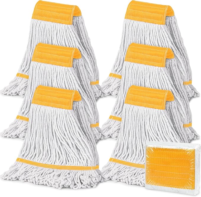 6PK Heavy Duty Commercial Mop Head Replacement- Loop End Cotton Blend String Refill for Side Loading & Clamp Style Mops, Restaurant , Janitorial & Industrial Cleaning(Yellow)