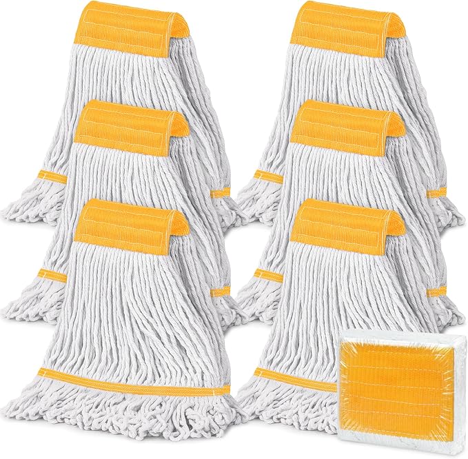 6PK Heavy Duty Commercial Mop Head Replacement- Loop End Cotton Blend String Refill for Side Loading & Clamp Style Mops, Restaurant , Janitorial & Industrial Cleaning(Yellow)