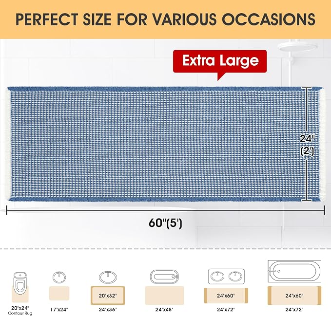 IM HOME Waffle Bath Mat Blue & Cream 5'x2', Boho Woven Modern Bath Mat Rugs, Absorbent Non Slip Bathroom Rugs, Soft Washable Bath Rugs with Tassels for Bathroom, Bedroom, Kitchen, Shower, Tub