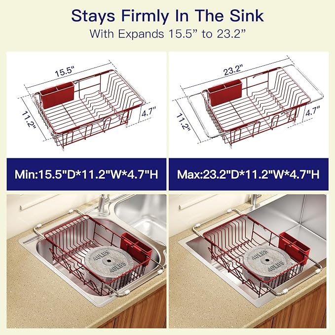 Red Dish Drying Rack Over The Sink with Utensil Holder | Expandable Stainless Steel Dish Drainer for Small Kitchen, Apartment, RV, Counter Space Saving, Perfect Fit, Rustproof