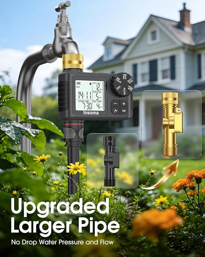 Water Timer for Garden Hose with 100% Metal Pipe, Programmable Sprinkler Controller for Garden Faucet with Auto/Manual/Rain Delay Mode, Irrigation Timers for Lawn, Yard, Outdoor Plants