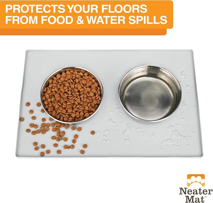 Neater Pet Brands Neater Mat Pet Mats for Food and Water, Cat & Dog Bowl Mat Waterproof Silicone, Feeding Tray, Dog Food Mats for Floors, Placemat w/Raised Edge for Under Bowls, 32" x 24", Light Gray