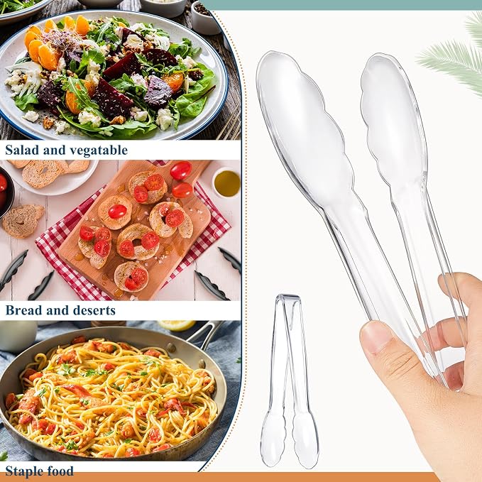 Tessco for you 100 Pcs Plastic Tongs for Serving Bulk, 9 Inch Plastic Disposable Serving Tongs, Heavy Duty Salad Tong for Kitchen, Buffet, BBQ, Events & Catering (Transparent)