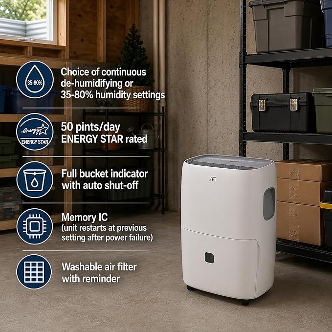 SPT SD-53E: 50-Pint Dehumidifier with ENERGY STAR,white,15 x 11.5 x 25.5 in