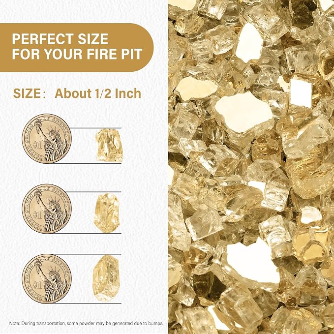 NUPICK 10 Pound Fire Glass, 1/2 Inch Reflective Fire Pit Glass | Tempered Fire Pit Rocks for Propane or Natural Gas, Glass Rocks for Fire Pit Table, Fireplace, Fire Bowl, Landscaping, Gold