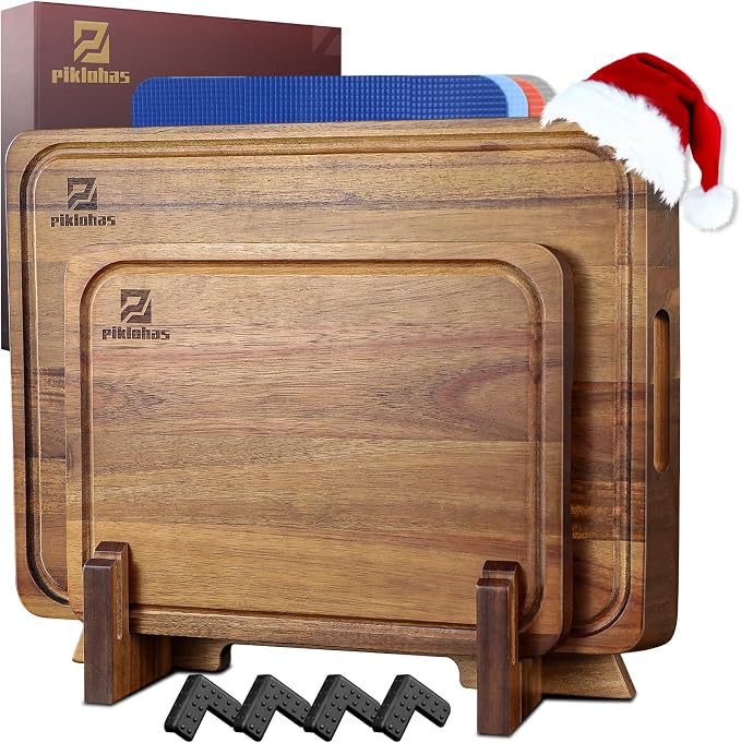 Cutting Boards Large Set of 7, Acacia Wood Charcuterie Chopping Board for Kitchen with Holder Non Slip Feet, Plastic Serving Board Mats, Juice Groove, Reversible Butcher Block for Meat Cheese Bread