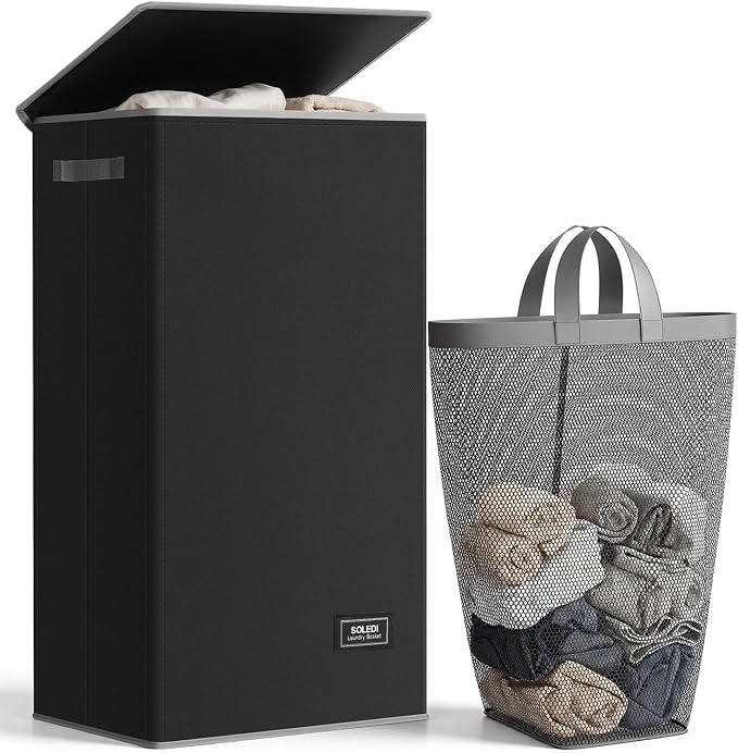 SOLEDI Laundry Hamper Black with Lid and Removable Bag - 100L Large and Tall Laundry Basket Collapsible with Handle for Clothing and Toys Storage - Dirty Clothes Hamper for Bedroom, bathroom, dorm