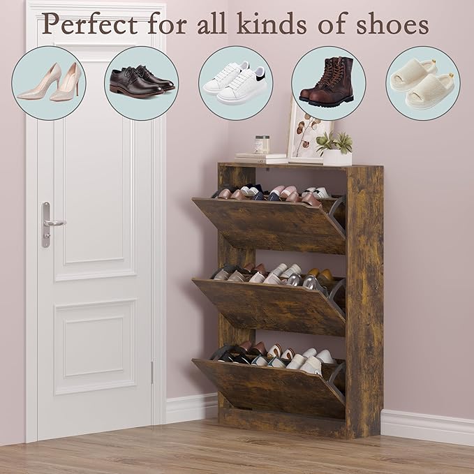 BORNOON Shoe Cabinet with 3 Flip Drawers, Hidden Wood Shoe Cabinet,Freestanding Shoe Storage Cabinet for Entryway Hallway