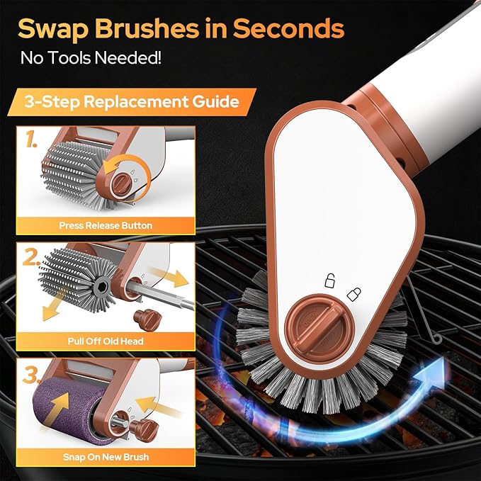 Electric Grill Brush with LED Light, Dual Speed Electric Grill Cleaner, Rechargeable Cordless BBQ Cleaner, Waterproof Replaceable Brush Heads for Barbecue Grates