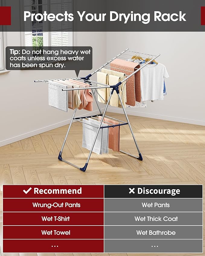 Sakugi Clothes Drying Rack with Height-Adjustable Wings, Metal Foldable Laundry Dryer Stand for Clothing & Bedding, Free-Standing Collapsible for Indoor & Outdoor Use, 55.5" L × 22.8" W, Silver Blue