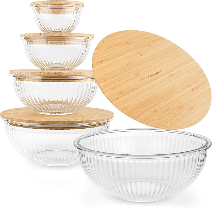 Stackable Space-Saving Set of 5 Nesting Glass Bowls with Bamboo Lids for Foodprep, Storage, Baking, Mixing & Cooking, Microwave & Oven Safe BPA Free Heat Resistant Inert Borosilicate Glass