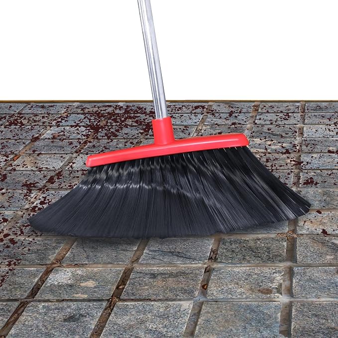 Long Handle Broom and Dustpan Set, Self-Cleaning with Dustpan Teeth for Home, Kitchen, Office, and Pets – Stand-Up Design for Indoor & Outdoor Sweeping (Red)