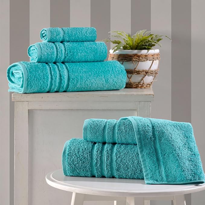 Hawmam Linen Teal Turquoise 6 Piece Bath Towels Set for Bathroom Original Turkish Cotton Soft, Absorbent and Premium 2 Bath Towels, 2 Hand Towels, 2 Washcloths