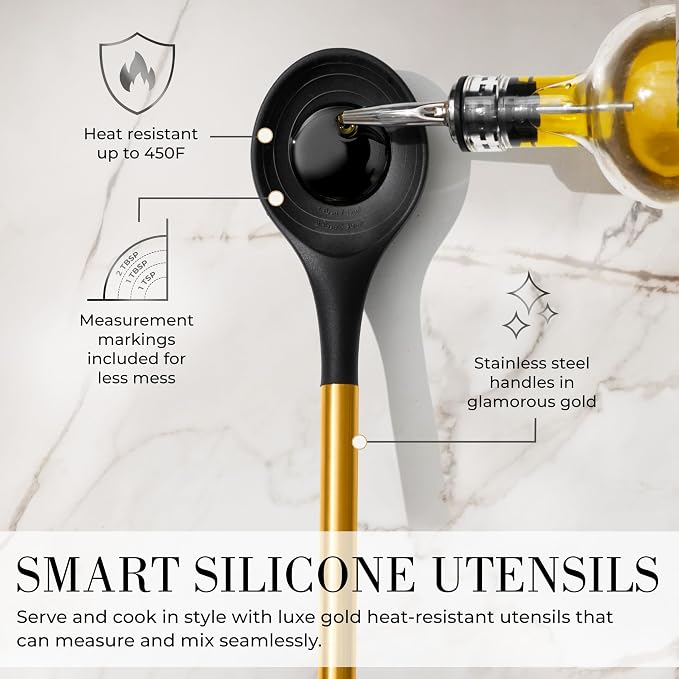 Black and Gold Kitchen Utensils Set - 7-Piece Silicone Cooking Tools with Gold Utensil Holder for Nonstick Cookware and Modern Kitchens - Stylish Luxury Kitchen Accessories