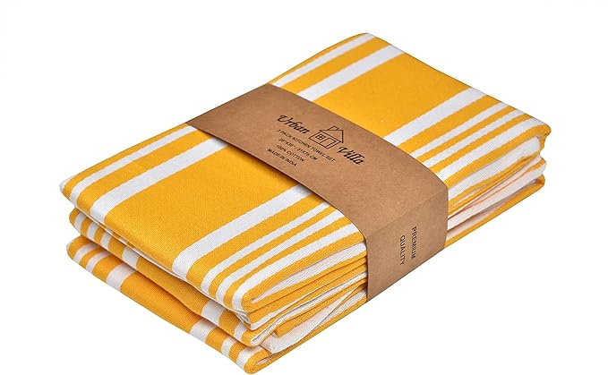 Urban Villa Kitchen Towels 100% Cotton Pack of 3, Highly Absorbent Quick Drying Super Soft Premium Dish Towels 20x30 Inch for Kitchen with Hanging Loop Hand & Tea Towels - Yellow/White