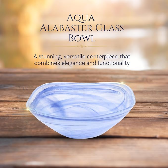 Badash Decorative Glass Serving Bowl, Alabaster Glass Centerpiece Fruit Bowl, Home Décor Table Accent Bowl, 10” Diameter, White & Blue