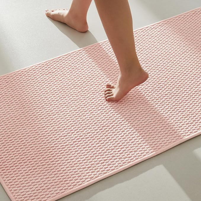 TYUU Bathroom Rugs Non Slip Washable, Super Absorbent Thin Bath Mat Quick Dry Low Pile Bathroom Rug, Pink 24"x47"