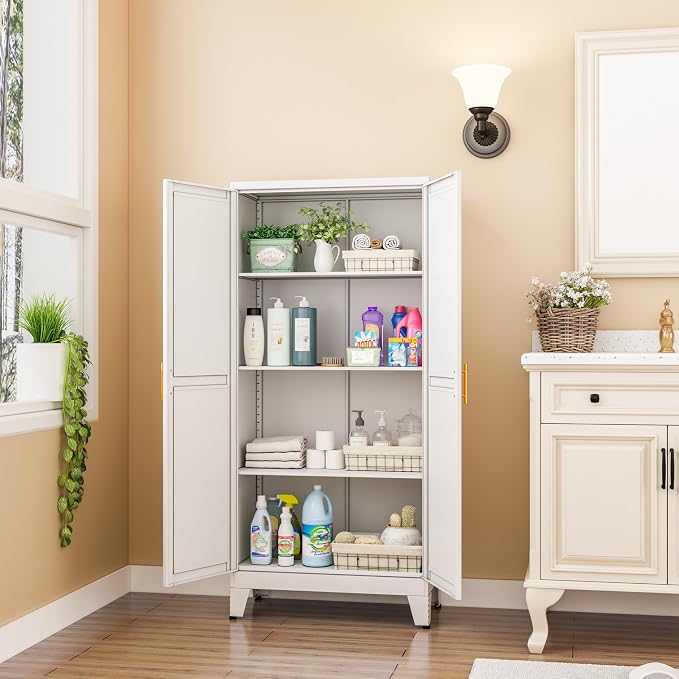 GAIOUS Metal Pantry Cabinet, Kitchen Pantry Storage Cabinets with 2 Door and 3 Adjustable Shelves, White Kitchen Pantry Cabinet, Freestanding Cupboard for Dining Room Living Room Bathroom