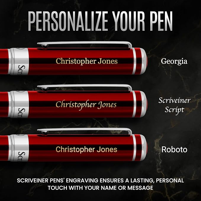 Scriveiner Personalized Deep Crimson Red Rollerball Pen - Stunning Red Lacquer Luxury Pen with Chrome Finish, Schmidt Ink Refill, Engraved Roller Ball Gift Set for Men & Women, Custom Name Engraving