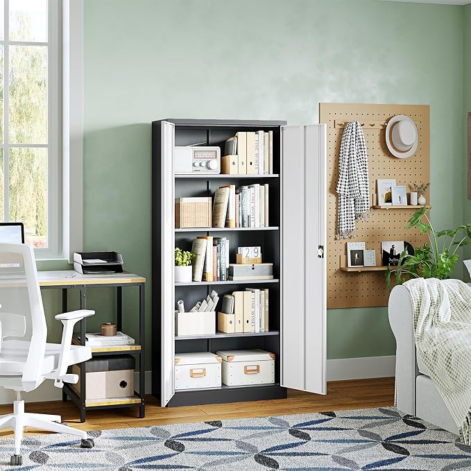 Metal Garage Storage Cabinets with Lock Door and Adjustable Shelves, Steel Tool Cabinets for Home,Office,Warehouse Organisieren (Gery White, 71" H)