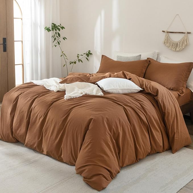 100% Washed Cotton Dark Orange Duvet Cover California King Size Bedding Set Cover 1 Duvet Cover with Zipper Closure Plus 2 Pillowcases, 104inch x 98inch