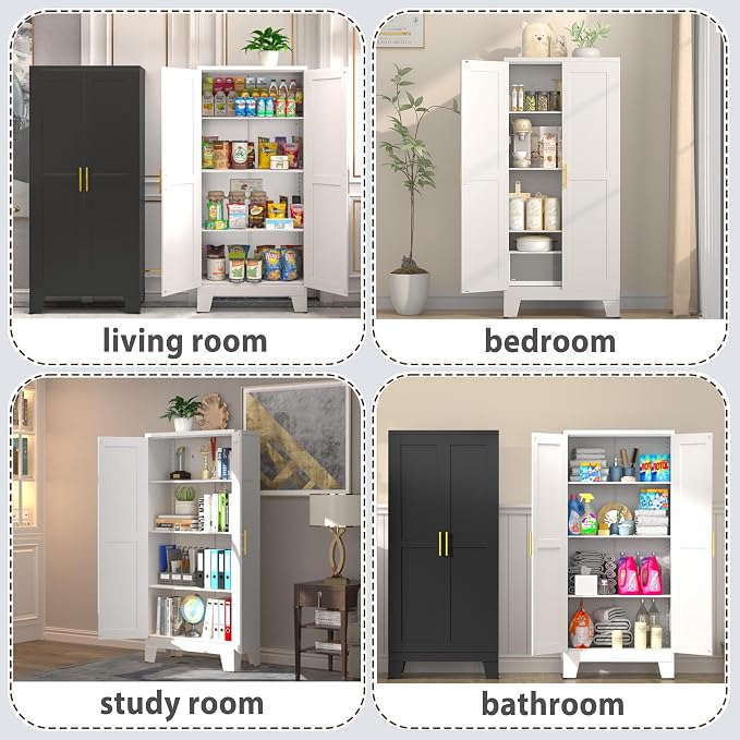 GAIOUS 61.02" Pantry Cabinet, Kitchen Pantry Storage Cabinets with Adjustable Shelves and Feet, White Pantry Storage Cabinet for Kitchen, Dining Room, Living Room and Bathroom (White) Metal