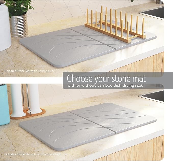 LARGE | PREMIUM | Stone Dish Mat + Bamboo Rack | 24” x 16” | Foldable (Light Gray)