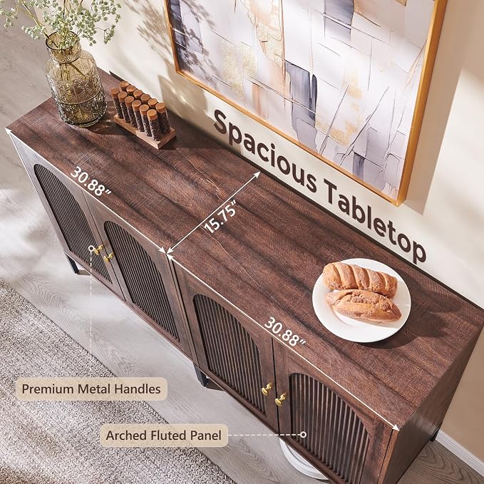 IFGET 61.75" W Modern Arched Sideboard Buffet Cabinet with Storage, Brown | Fluted Arch Sideboard Cabinet w/Adjustable Shelves, Wooden Modular Kitchen Cabinet for Dining& Living Room, Entryway