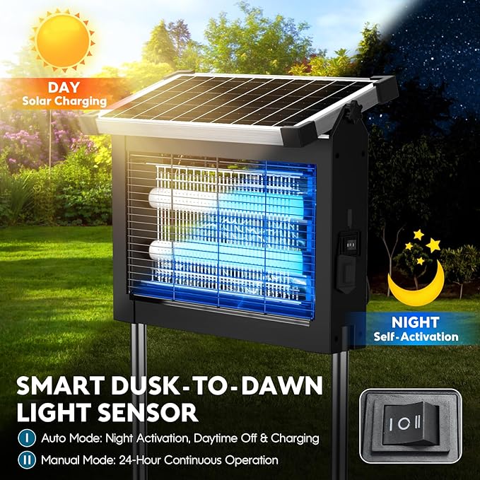 Solar Bug Zapper Outdoor, Mosquito Zapper 4500V Cordless Waterproof, Auto On/Off, Portable Type-C & Solar Powered Bug Zapper, Electric Mosquito Trap Fly Zapper Killer for Patio Garage Yard Camping