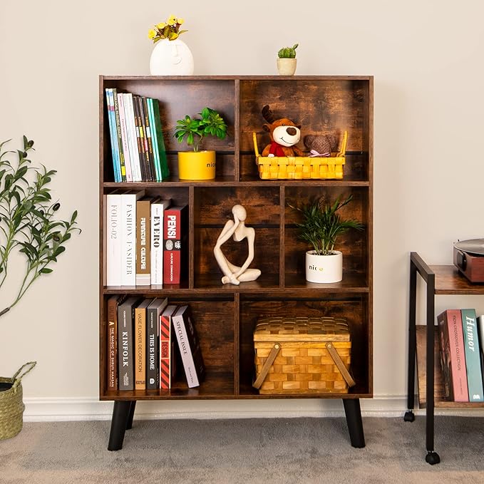 LEYAOYAO Cube Bookshelf, Mid-Century Modern Book Shelf with Legs, Brown | 3 Tier Bookcase, Rustic Wood Bookshelves, Freestanding Small Storage Organizer, Open Shelves for Bedroom, Living Room, Office