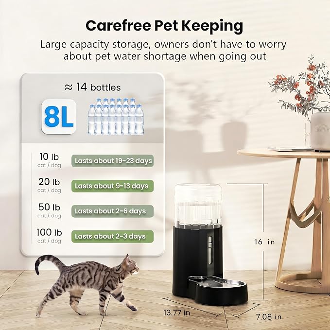 CZPET Dog Water Bowl Dispenser with Stainless Steel Bowl (8L+Filter,Black) | With Stainless Steel Bowl Gravity Waterer, Large Capacity and Drinking Area Noise-Free for Pets