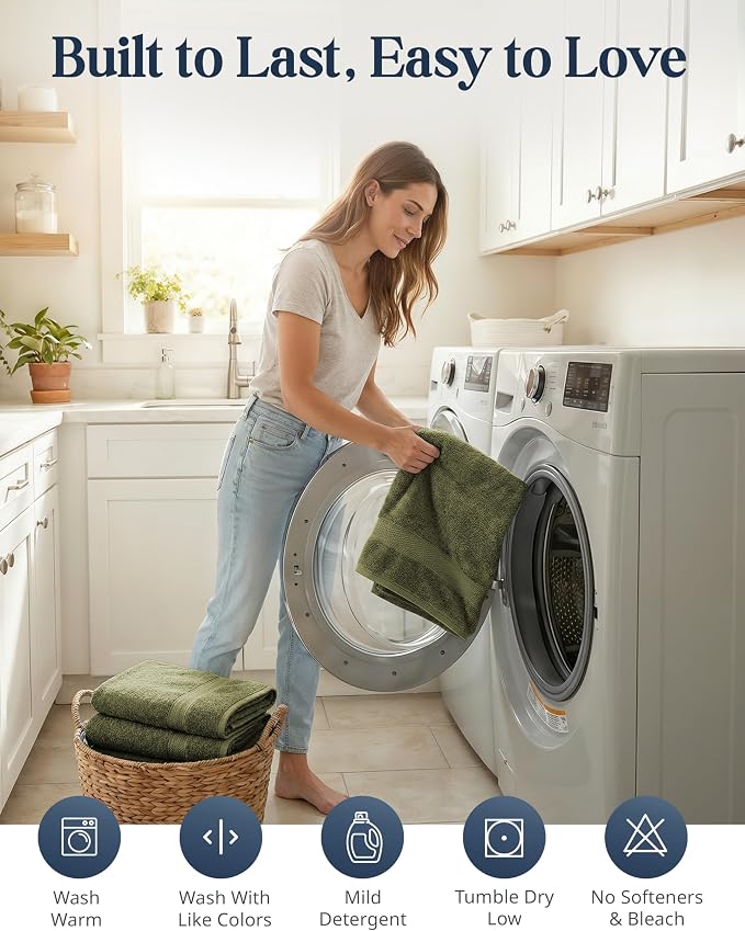 LANE LINEN Large Bath Towel Set Absorbent Quick Dry 100% Cotton - Oil Green | Soft Cotton Towels - Fade-Resistant Color, Classic Terry Weave, Densely Woven & Durable, Easy-Care, Coordinated Colors