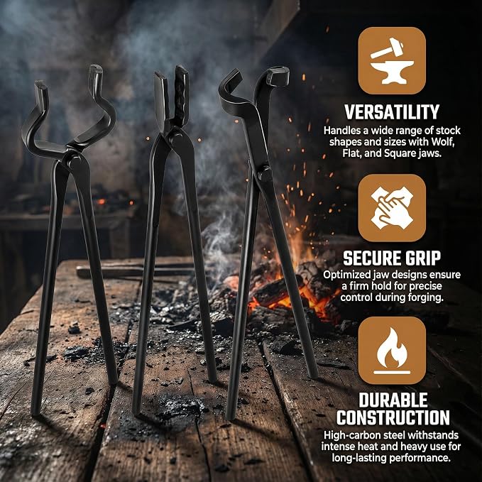 Blacksmith Tongs Set 3 Pcs Flat, Wolf Jaw Bolt, Heavy Duty Forged Steel | Heat Treated Forging Tongs for Knife Making & Bladesmithing,Heavy Duty Steel Gripping Tool for Farriers,Welding,Metal Smith
