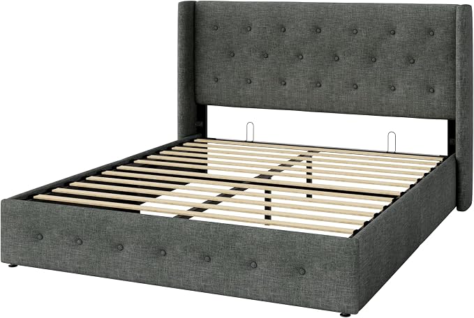 Allewie Full Size Lift Up Storage Button-Tufted Bed Frame Dark Grey | Modern Wingback Headboard, Hydraulic Support Storage, No Box Spring Needed