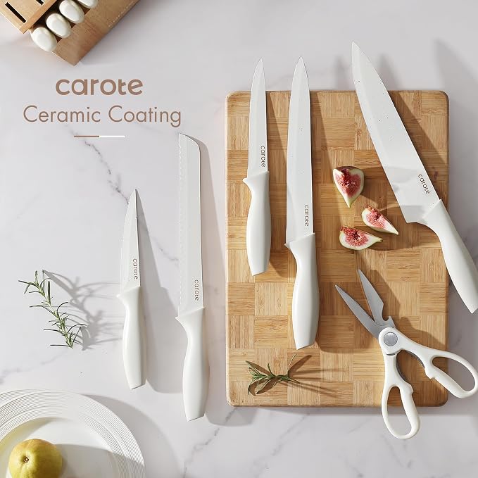 CAROTE 15-Piece Knife Set, Wood Block with Built-In Sharpener, Cream | Stainless Steel Knives, Ceramic Nonstick Coating, Long-Lasting Sharpness, Rust-Resistant, Non-Slip Handles, Dishwasher Safe