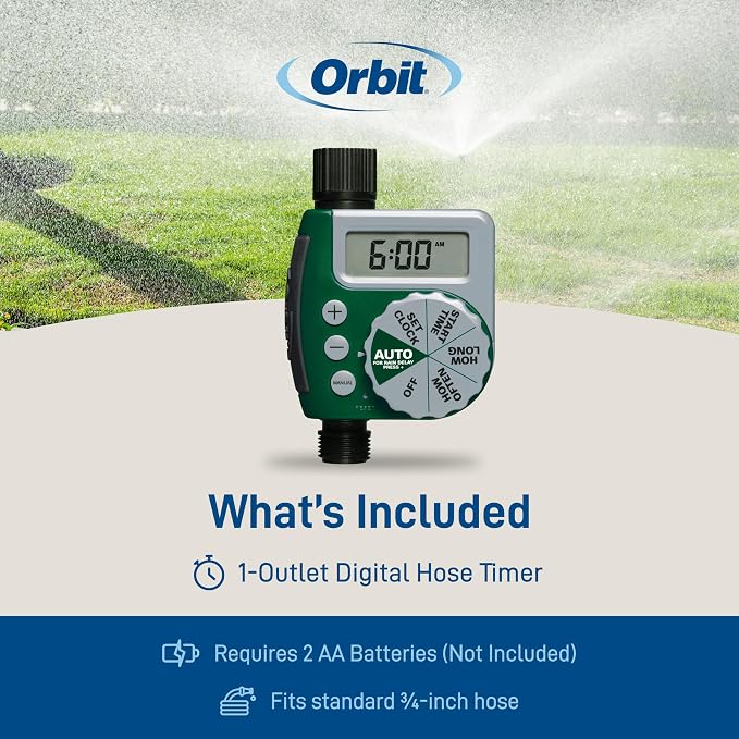 Orbit Programmable Digital Hose Watering Timer - 1 Outlet - Battery Powered - with LCD Screen - Built-in Rain Delay - Water-Resistant - 62061