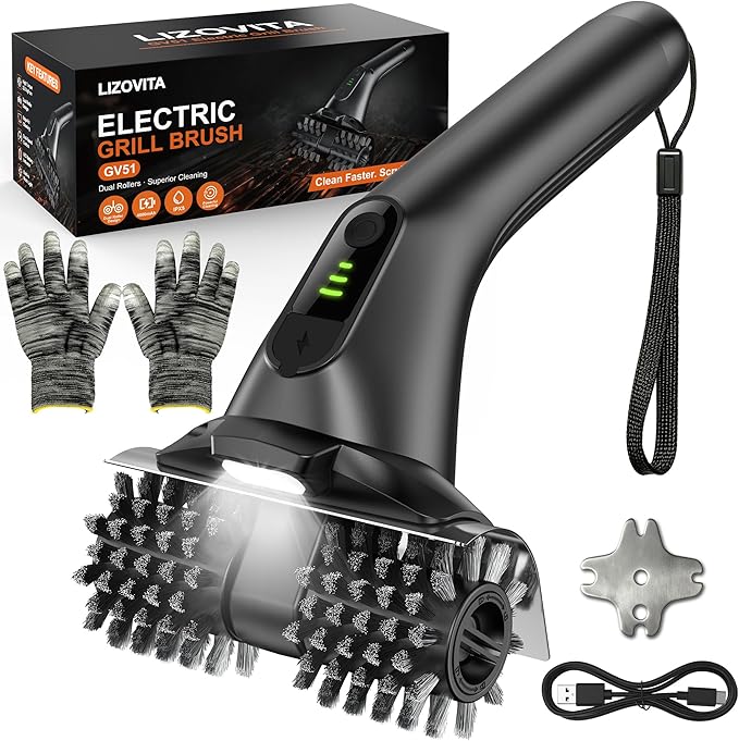 Dual Roller Electric Grill Brush, 22.5kg High Torque BBQ Grill Cleaner with Stainless Steel Bristles, 2-Speed Rechargeable Power Brush for Deep Outdoor Grill Cleaning, IPX5 Waterproof