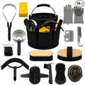 Horse Grooming Kit, 15-Piece Horse Brush Set with Tote Bag, Long Shedding Blade, Hoof Pick, Curry Comb, Sweat Scraper, Mane and Tail Comb, Gloves, Equine Grooming Supplies, Black