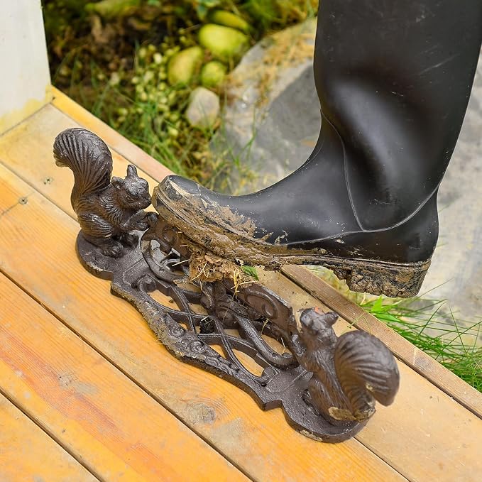 Sungmor Heavy Duty Cast Iron Boot Scraper, Vintage Rustic Black Squirrel Boot Cleaner, Garden Front Door Entrance Shoe Scrubber Mat, Farmhouse Outdoor Patio Decorative Mud Cleaner