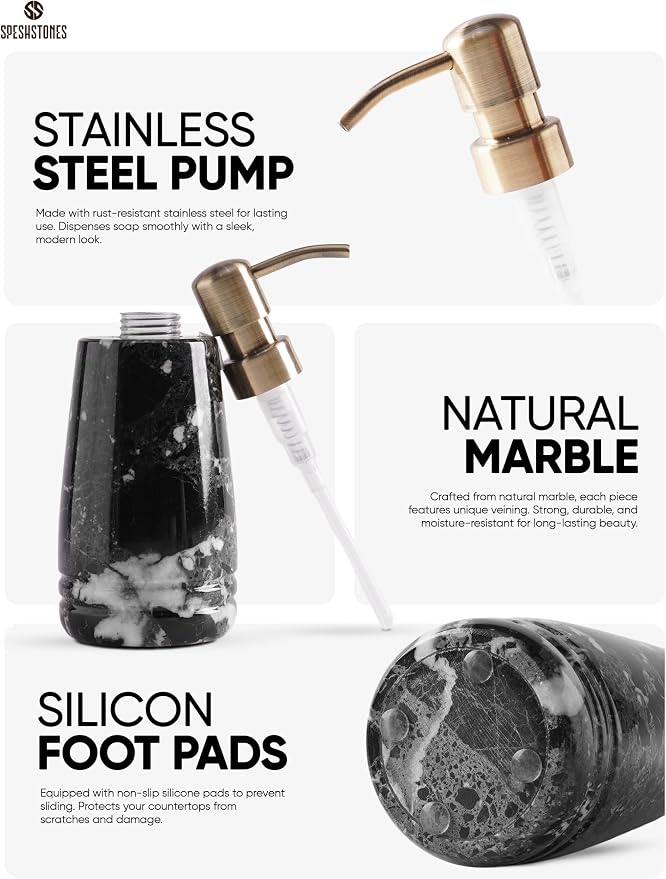 Marble Soap Dispenser 7.5'' Black Dish Soap Dispenser with Stainless Steel Pump, Refillable Liquid Hand Soap Dispenser with 8.5 Oz Capacity for Kitchen Sink and Bathroom Countertop