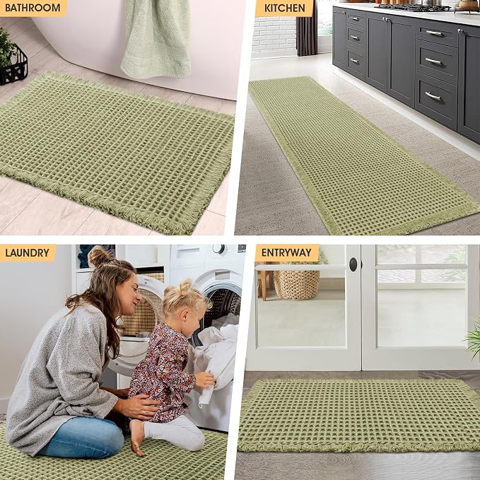 IM HOME Waffle Bath Mat Green 32"x20", Boho Woven Modern Bath Mat Rugs, Absorbent Non Slip Bathroom Rugs, Soft Washable Bath Rugs with Tassels for Bedroom, Kitchen, Shower, Tub