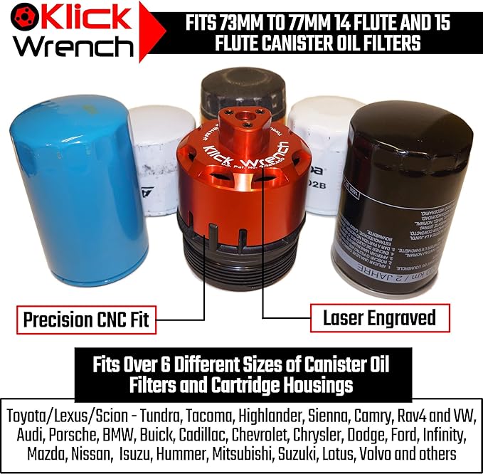 77mm 76mm 75mm 74mm 73mm 14 & 15 Flute 2 Stage Heavy Duty Torque Limiting Oil Filter Wrench Red 6061-T6 Aluminum